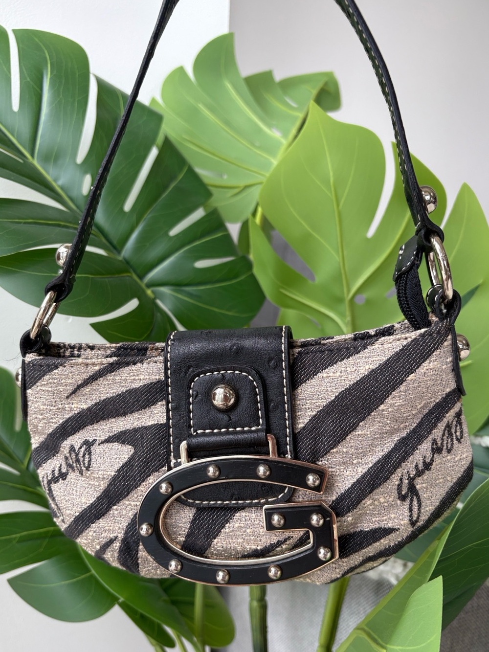Vintage Y2K GUESS Zebra Print Mini Shoulder Bag Studded G Buckle Handbag Purse 🦓
